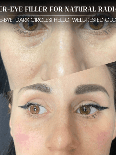 Under-eye tear trough filler enhancing volume and softening shadows.